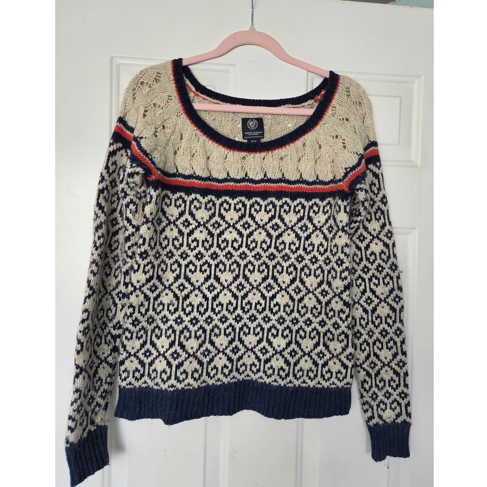 American Eagle Fair Isle Heart Knit Sweater Navy Cream Red Small Scoop Neck